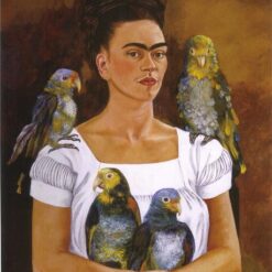 Inspired by Frida Kahlo – Me and My Parrots | Hand-Painted Oil Painting | Mexican Naïve Art | DaFen Village Studio