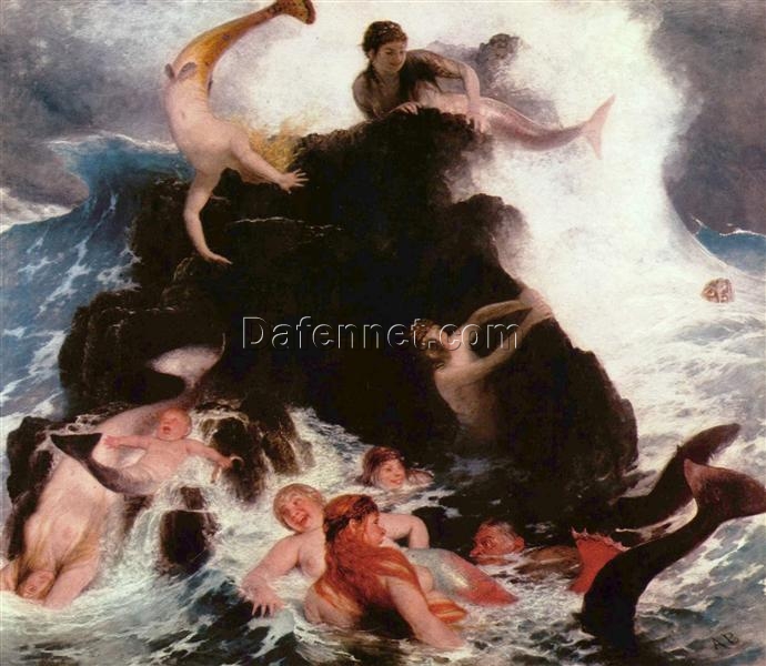 Mythological Symbolist Masterpiece-Inspired Oil Painting by Da Fen Village Artists: Arnold Böcklin’s Mermaids at Play