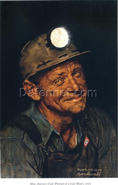 Dafen Village’s Superb Hand – painted Replica – Inspired by Norman Rockwell’s 1943 ‘Mine America’s’ Regionalism and Social Realism Portrait Oil Painting for Patriotic Art Collectors