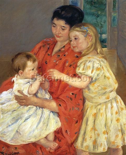 Stunning Reproduction of Mary Cassatt’s ‘Mother and Sara Admiring the Baby’ (1901) – A Glimpse into Impressionist Maternal Tenderness