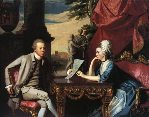 Reproducción a gran escala pintada a mano del Sr. y la Sra. Ralph Izard, inspirada en el retrato neoclásico de John Singleton Copley de 1775, en el Museo de Bellas Artes de Boston.