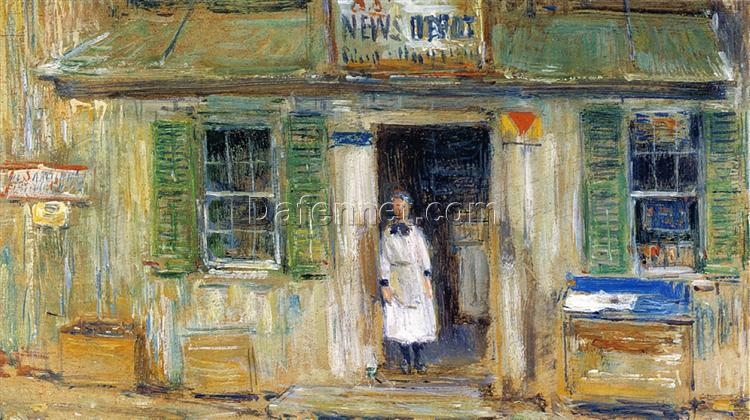 Authentic – Looking Reproduction of Childe Hassam’s “News Depot, Cos Cob” (1912) – High – Quality Impressionist Oil Painting for Interior Decorators and Art Collectors Searching for Compact, Story – Telling Art