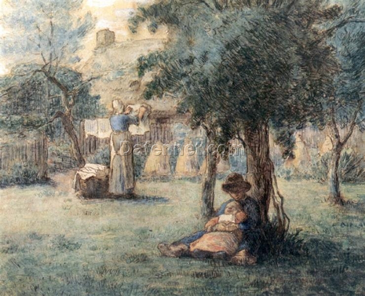 Hand-Painted Realist Genre Painting “Woman Hanging Her Laundry” INSPIRED BY Jean-Francois Millet – Skillfully Crafted by Dafen Village Artisans for Lovers of Everyday Life Scenes in Art