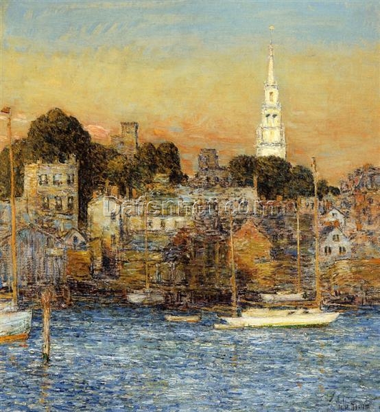 Dafen Village Inspired Reproduction of Childe Hassam’s “October Sundown, Newport” (1901) – High-Quality Impressionist Cityscape Oil Painting for Sale, Great for Art Collections and Interior Designers Seeking Seasonal City Scenes