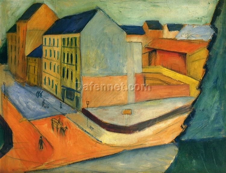 Dafen Village Studio’s Stunning Reproduction – August Macke’s 1913 ‘Our street with horse riding, Bonn’ Expressionist Cityscape Oil on Board for Art Aficionados