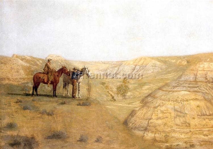 Dafen Village Inspired Reproduction of Thomas Eakins’ “Painting Cowboys in the Bad Lands” (1888) – High-Quality Realist Landscape Oil Painting for Sale, Great for Art Collections and Interior Designers Seeking Dramatic Landscapes
