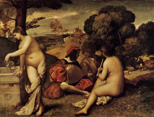 Exquisite Dafen Village Creation: ‘Pastoral Concert (Fête champêtre)’ Inspired by Giorgione (1508 – 1509) – High Renaissance Allegorical Oil Painting on Canvas
