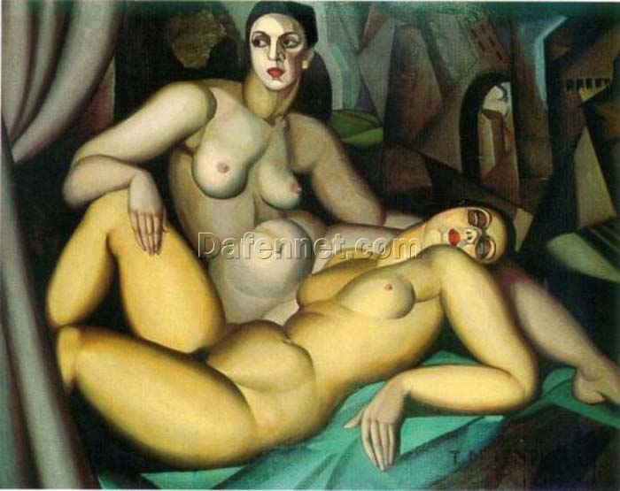 Luxury Art Deco Nude – “The Two Friends” by Tamara de Lempicka, Museum-Quality Oil Painting | DaFen Village Studio