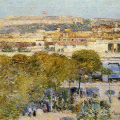Authentic-Looking Impressionist Cityscape "Place Centrale and Fort Cabanas" (1895) by Childe Hassam - Dafen Village Creation, Oil Painting for Home and Office Decor, Loved by Art Aficionados
