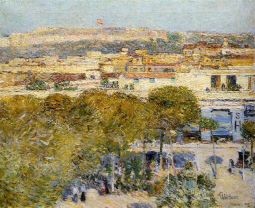Authentic-Looking Impressionist Cityscape “Place Centrale and Fort Cabanas” (1895) by Childe Hassam – Dafen Village Creation, Oil Painting for Home and Office Decor, Loved by Art Aficionados