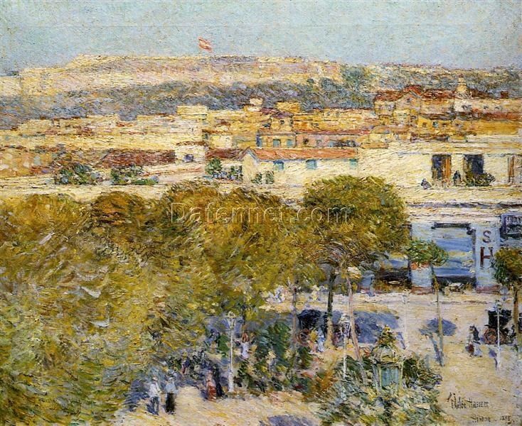 Authentic-Looking Impressionist Cityscape “Place Centrale and Fort Cabanas” (1895) by Childe Hassam – Dafen Village Creation, Oil Painting for Home and Office Decor, Loved by Art Aficionados