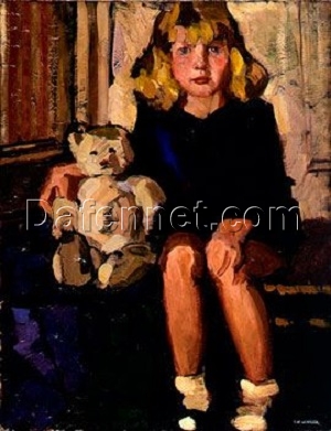 Tamara de Lempicka-Inspired “Portrait of a Little Girl with Her Teddy Bear (Kizette)” – Handcrafted Post-Impressionist Portrait for Classic & Vintage Wall Art | DaFen Village Studio