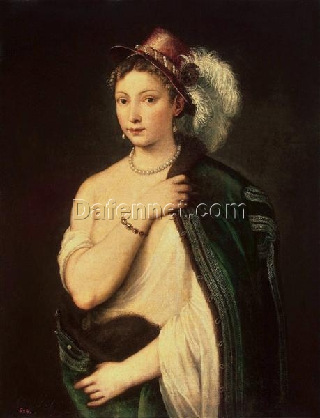Portrait of a Young Woman with Feather Hat by Titian – 1536 High Renaissance Oil Painting