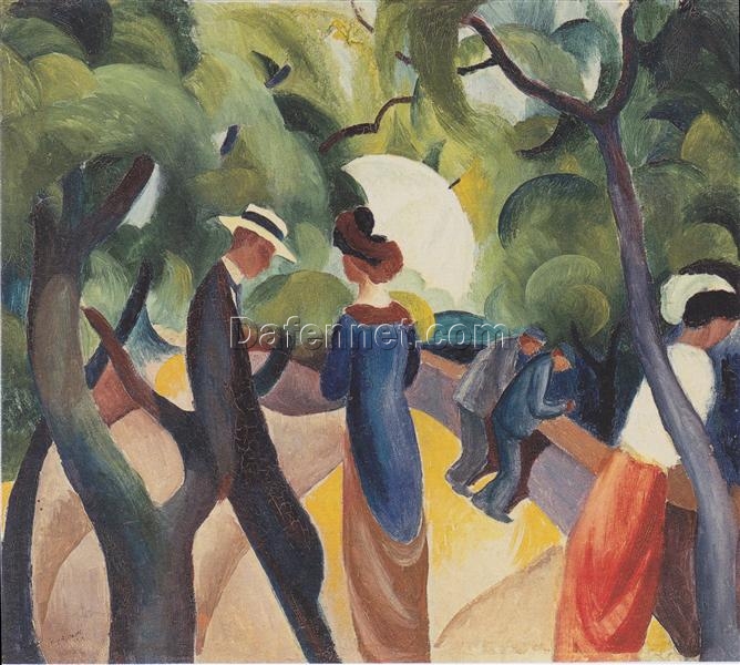 Authentic Dafen Village Reproduction Inspired by August Macke’s ‘Promenade’ (1913) – 51×57 cm Orphic Genre Painting Oil on Cardboard for Art Lovers