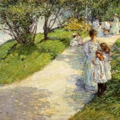 Authentic-Looking Impressionist Genre Painting "Promenaders in the garden" (1898) by Childe Hassam - Dafen Village Creation, Oil Painting for Home and Office Spaces, Loved by Art Aficionados