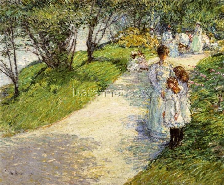 Authentic-Looking Impressionist Genre Painting “Promenaders in the garden” (1898) by Childe Hassam – Dafen Village Creation, Oil Painting for Home and Office Spaces, Loved by Art Aficionados