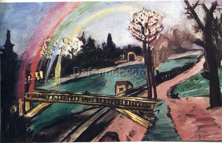 Dafen Village – Made Oil Depicting Railway Bridge and Rainbow INSPIRED BY Max Beckmann’s Iconic 1942 Landscape