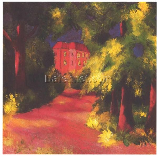 High – Quality Hand – Painted Replica from Dafen Village – August Macke’s 1914 ‘Red house in park’ Expressionist Landscape Oil Painting on Canvas