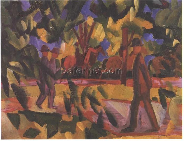 High – Quality Hand – Painted Replica from Dafen Village – August Macke’s 1914 ‘Riders and walkers at a parkway’ Orphism Genre Oil Painting, 47 x 59.5 cm