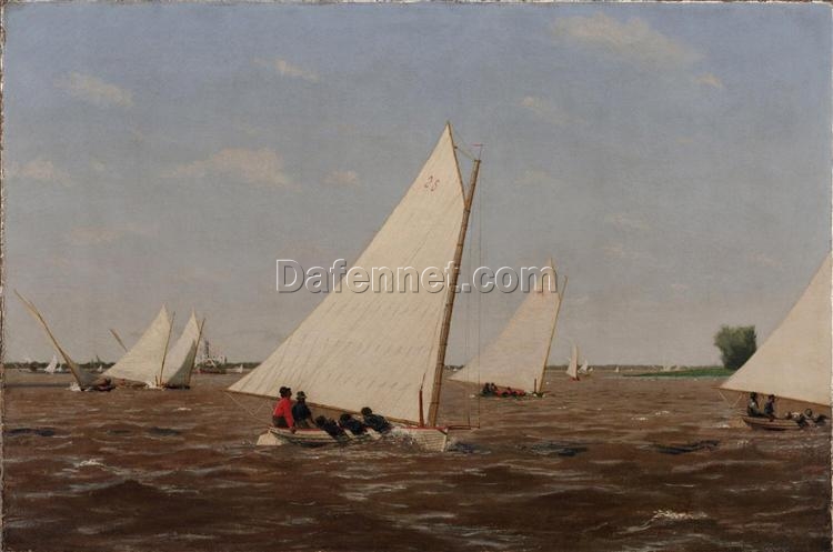 Hand-Painted Replica of Thomas Eakins’ “Sailboats Racing on the Delaware” (1874) – Vivid Realist Marina Oil Painting on Canvas from Dafen Village, Ideal for Art Lovers and Sailing Enthusiasts