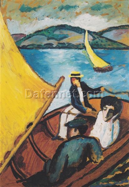 Authentic Dafen Village Reproduction of August Macke’s ‘Sailing boat on the Tegernsee’ (c.1910) – Expressionist Genre Oil on Wood for Art Enthusiasts