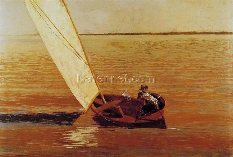 Dafen Village Inspired Reproduction of Thomas Eakins’ “Sailing” (c.1875) – High-Quality Realist Marina Oil Painting for Sale, Great for Art Collections and Interior Designers Seeking Coastal Aesthetics