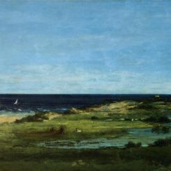 Authentically Rendered 1854 - 1857 'Seacoast (Souvenir of Les Cabanes)' by Gustave Courbet - Realist Oil Canvas Landscape, Capturing the Spirit of the Philadelphia Museum of Art Original, Perfect for Art Collectors and Ocean Lovers