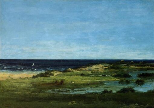 Authentically Rendered 1854 – 1857 ‘Seacoast (Souvenir of Les Cabanes)’ by Gustave Courbet – Realist Oil Canvas Landscape, Capturing the Spirit of the Philadelphia Museum of Art Original, Perfect for Art Collectors and Ocean Lovers