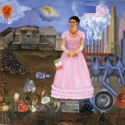 Custom Oil Painting Inspired by Frida Kahlo’s Self-Portrait Along the Border Line Between Mexico and the United States – Hand-Painted Surrealist & Naïve Art Reproduction from DaFen Village Studio | Mexican Symbolic Fine Art for Home and Office Décor