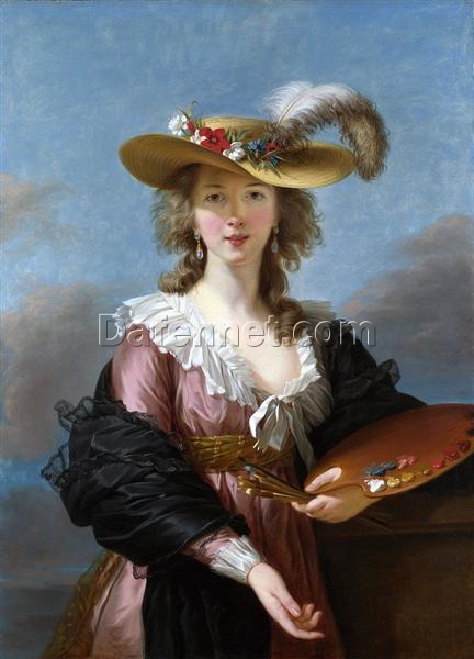 c.1787 Rococo-Inspired Self-Portrait in a Straw Hat by Louise Elisabeth Vigee Le Brun Replica