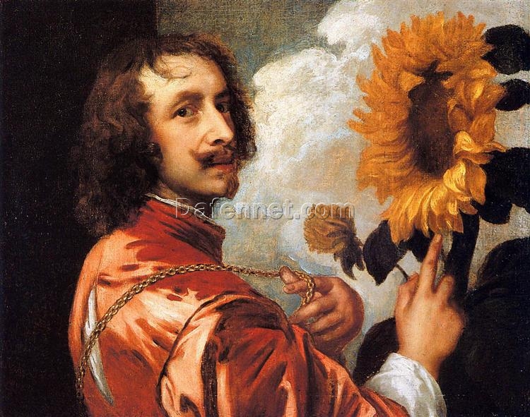 Dafen Village Hand-Painted “Self portrait with a Sunflower” INSPIRED BY Anthony van Dyck’s 1632 Baroque Masterpiece for Art Aficionados