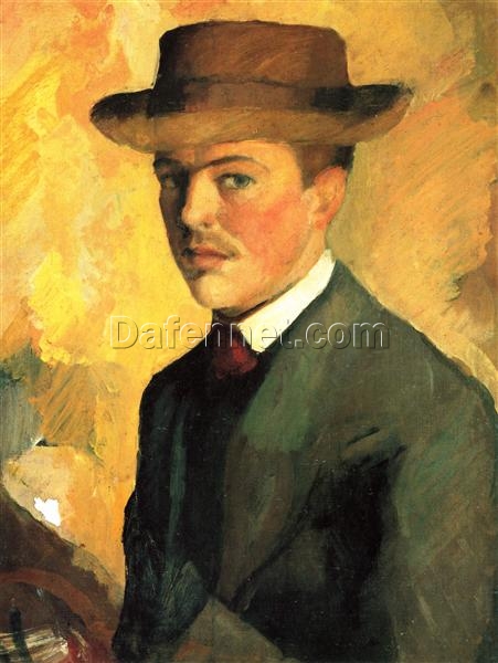 Exquisite Dafen Village Reproduction of August Macke’s ‘Self-Portrait with Hat’ (1909) – 1909 Expressionist Self-Portrait Oil on Wood for Art Collectors