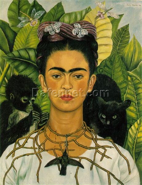 Inspired by Frida Kahlo – Self-Portrait with Necklace of Thorns | Hand-Painted Oil Painting | Mexican Naïve Art | DaFen Village Studio