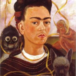 Inspired by Frida Kahlo – Self-Portrait with Small Monkey | Hand-Painted Oil Painting | Mexican Naïve Art | DaFen Village Studio