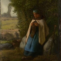 Hand-Painted Realist Genre Painting "Shepherdess Seated on a Rock" INSPIRED BY Jean-Francois Millet (1856) - Exquisitely Crafted by Dafen Village Artisans for Art Aficionados
