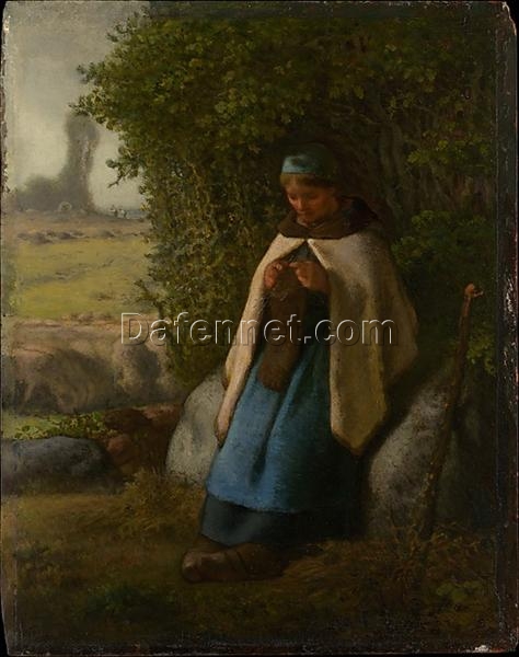 Hand-Painted Realist Genre Painting “Shepherdess Seated on a Rock” INSPIRED BY Jean-Francois Millet (1856) – Exquisitely Crafted by Dafen Village Artisans for Art Aficionados