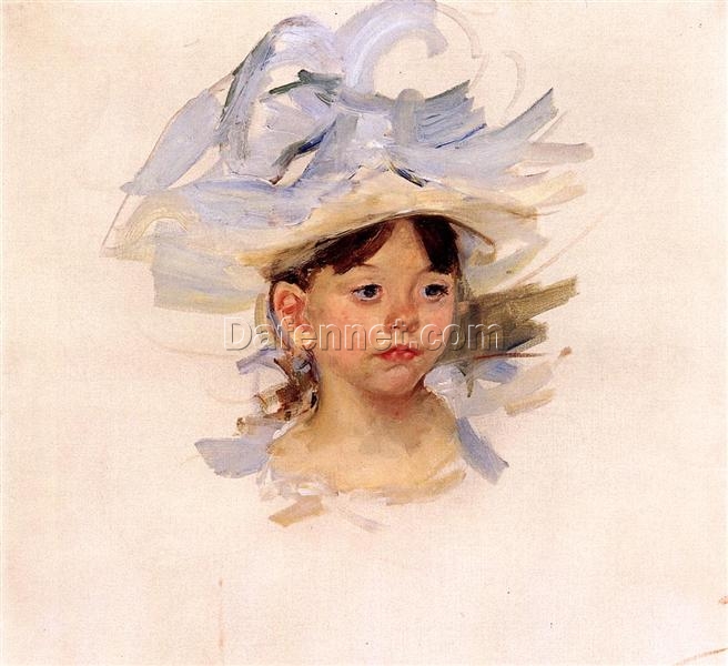 Exquisite Impressionist Sketch: ‘Sketch of Ellen My Cassatt in a Big Blue Hat’ by Mary Cassatt (c.1905), Oil on Canvas