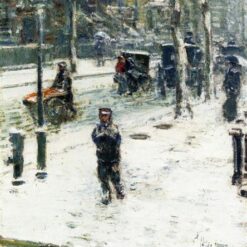Hand - Painted Replica of Childe Hassam's "Snow Storm, Fifth Avenue" (1907) - Enchanting Impressionist Genre Oil Painting on Canvas from Dafen Village for Art Lovers and Winter Scene Enthusiasts