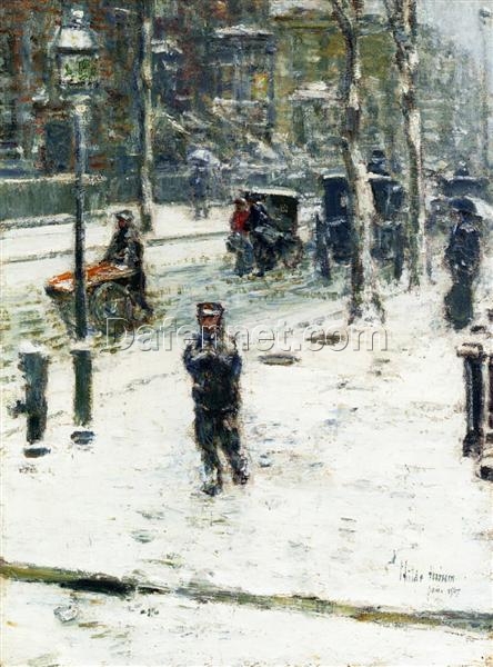 Hand – Painted Replica of Childe Hassam’s “Snow Storm, Fifth Avenue” (1907) – Enchanting Impressionist Genre Oil Painting on Canvas from Dafen Village for Art Lovers and Winter Scene Enthusiasts