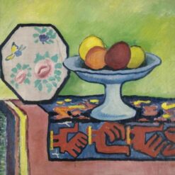 Meticulously - Crafted Replica of August Macke's 'Still Life with Bowl of Apples and Japanese Fan' - Expressionist Oil on Canvas
