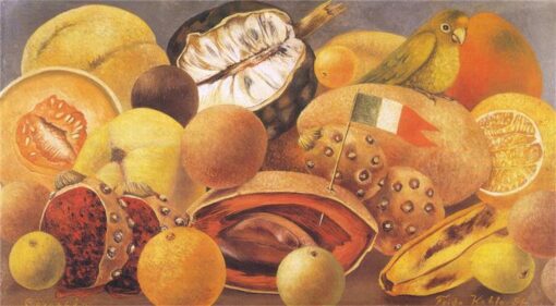 Inspired by Frida Kahlo – Still Life with Parrot and Flag | Hand-Painted Oil Painting | Mexican Naïve Art Still Life | DaFen Village Studio