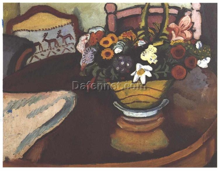 High-Quality Replica of August Macke’s ‘Still life with pillow with deer décor and a bouquet’ (1911) – Ideal for Art Lovers and Interior Decoration