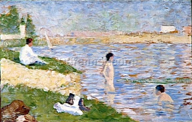 Exquisitely Hand-Painted Oil on Wood Replica of Georges Seurat’s ‘Study for “Bathers at Asnières”‘ – A Captivating Impressionist Genre Painting Study by Dafen Village Artists for Art Aficionados and Seurat Enthusiasts