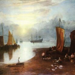 Breathtaking Romantic Marina Oil Painting: 'Sun Rising through Vapour: Fishermen Cleaning and Selling Fish' by J.M.W. Turner (1807) - A National Gallery Masterpiece