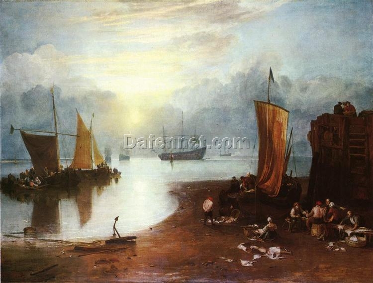 Breathtaking Romantic Marina Oil Painting: ‘Sun Rising through Vapour: Fishermen Cleaning and Selling Fish’ by J.M.W. Turner (1807) – A National Gallery Masterpiece