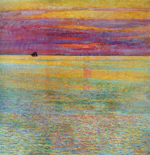 Hand – Painted Replica of Childe Hassam’s “Sunset at Sea” (1911) – Breathtaking Impressionist Landscape Oil Painting on Canvas from Dafen Village for Art Lovers and Ocean Aesthetic Enthusiasts