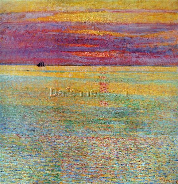 Hand – Painted Replica of Childe Hassam’s “Sunset at Sea” (1911) – Breathtaking Impressionist Landscape Oil Painting on Canvas from Dafen Village for Art Lovers and Ocean Aesthetic Enthusiasts