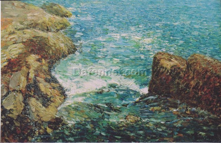 Hand-Painted Replica of Childe Hassam’s “Surf and Rocks” (1906) – Breathtaking Impressionist Marina Oil Painting on Canvas from Dafen Village for Art Lovers and Coastal Aesthetic Enthusiasts