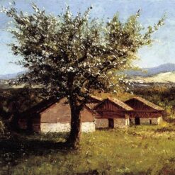 Exquisitely Hand-Painted Oil on Canvas Replica of Gustave Courbet's 'Swiss Landscape with Flowering Apple Tree' (c.1876) - A Charming Realist Gem by Dafen Village Artists for Nature and Art Enthusiasts