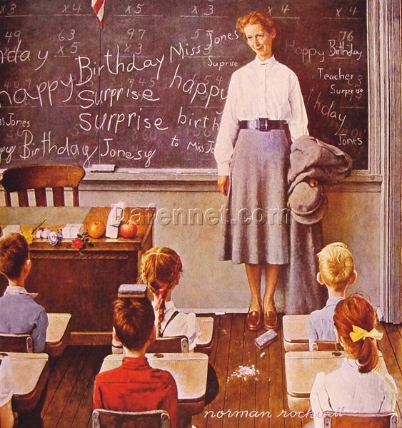 Hand – painted Replica of Norman Rockwell’s “Teacher’s Birthday” Inspired by 1956 Original – Dafen Village Oil Painting